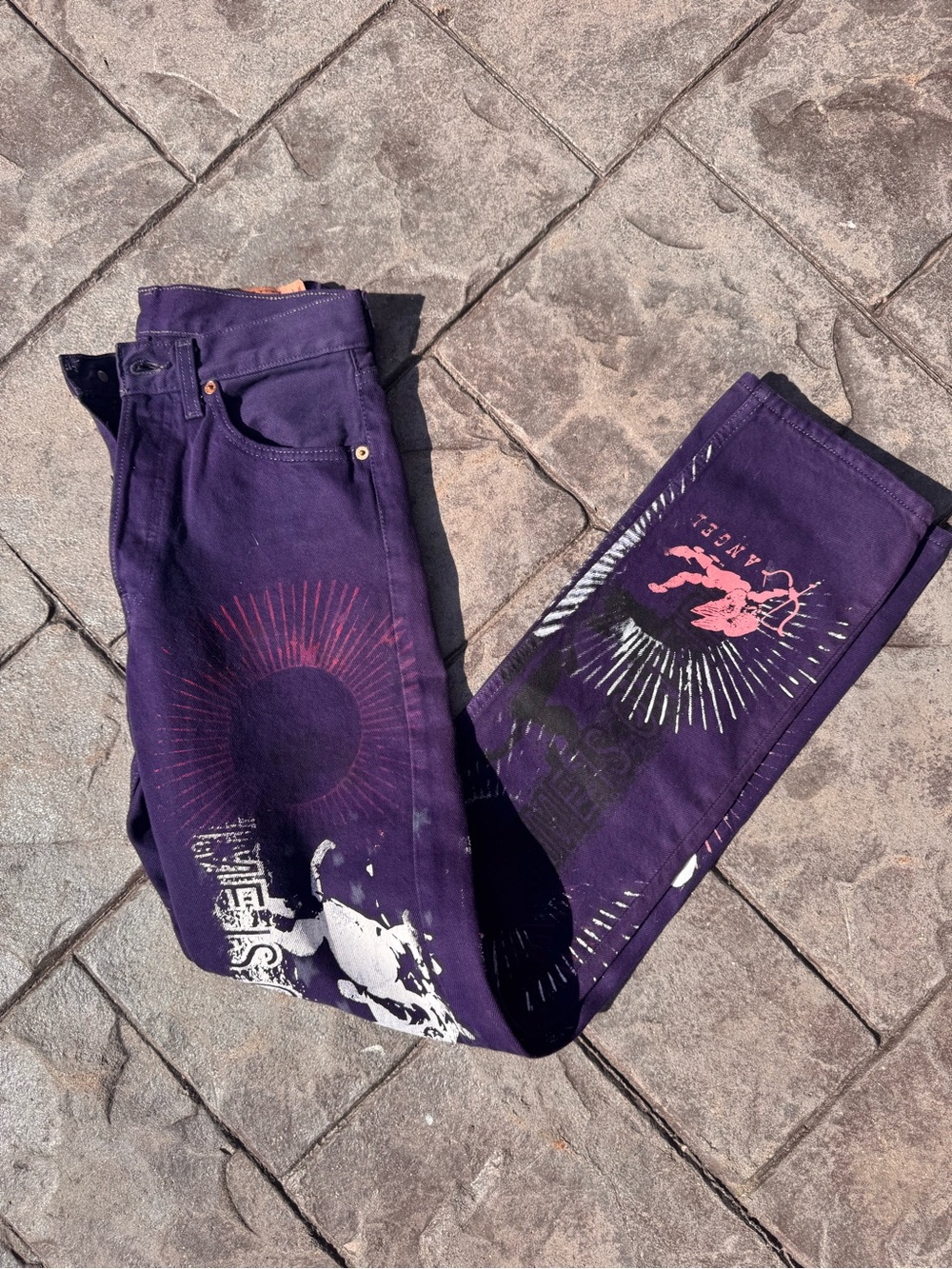 Purple Graphic Skinny Jeans with Sunburst Motif